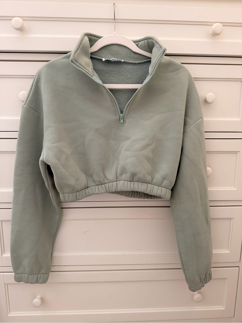 Cropped Half-Zip Pullover Hoodie in Sage Green